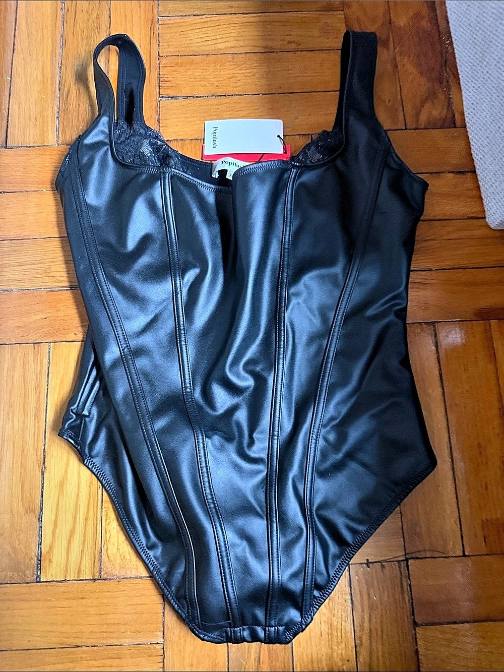 Popilush Shapewear Faux Leather Lace Balconette Sculpting Bodysuit